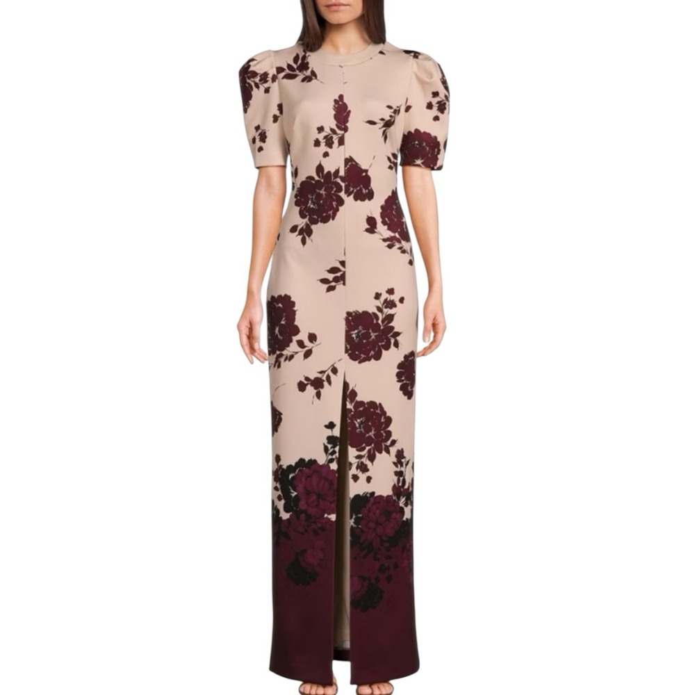 Badgley Mischka Nina Sheath Maxi Dress Size 6‎ Puff Sleeve Scuba Knit Front Slit